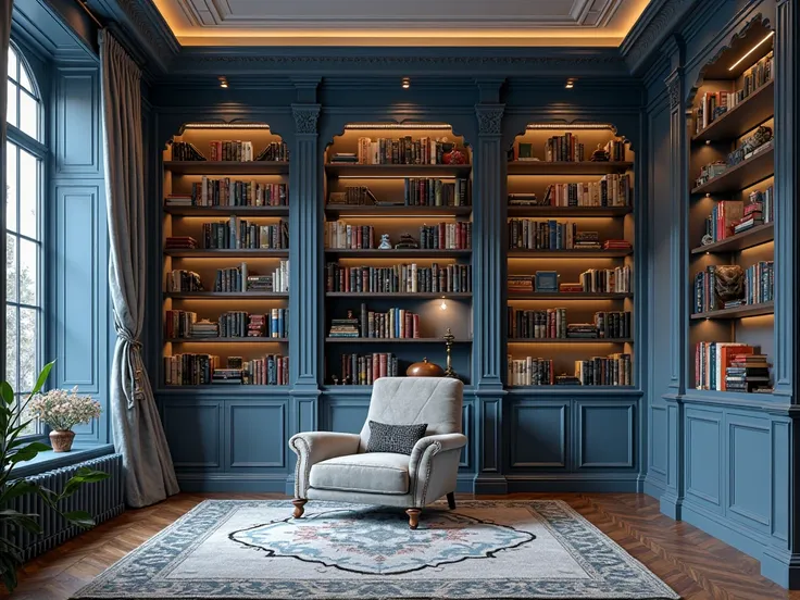 A beautifully designed home library, viewed from above, with built-in bookshelves, a cozy reading chair, and soft blue tones, creating a warm and inviting intellectual retreat.