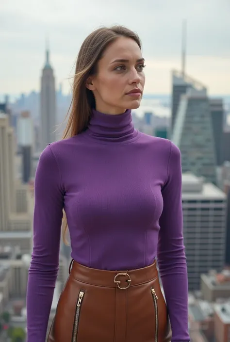 A beautiful woman aged forty years with realistic features and an extremely long neck, wearing a tight violet Lycra turtleneck that covers her entire neck and brown skirt. The turtleneck is corrugated and folded. She looks straight ahead at a city landscap...