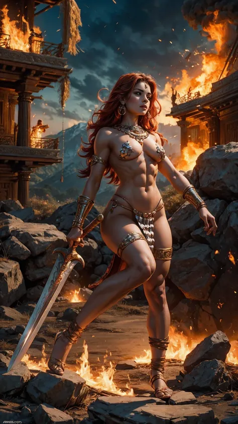 Ramayana Sita (indian mythological godess), naked, nude, 4_pack abs, symmetrical curvy body, warrior woman,posing with a sword,battle-ready, battle scene, fire and chaos, dynamic pose