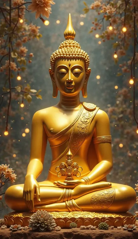 Buddha statue, Thai art, olden, Golden yellow body with beautiful background, beautiful, Valuable ,  flickering light , Abstract art, Diversity, character design, Backdrop Design, space, Turn around 