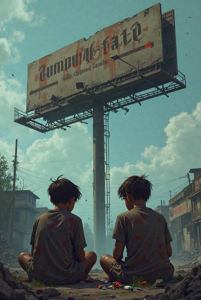 Generate an image of two boys sitting under the billboard which reads " 
DUMPU ESTATE" and they are smoking drugs