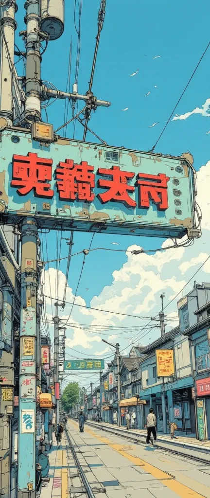 "Thank you Yesmann"detailed headline sign, Japanese Castle,Ishigaki, Japanese style cyberpunk,mechanical,Piping,vapor,line,Railway,Tram,tackle,gear,soot,blue sky,cloud,Flock of birds,advertising signs line up,Talk to a dynamic microphone fixed to the ,movi...