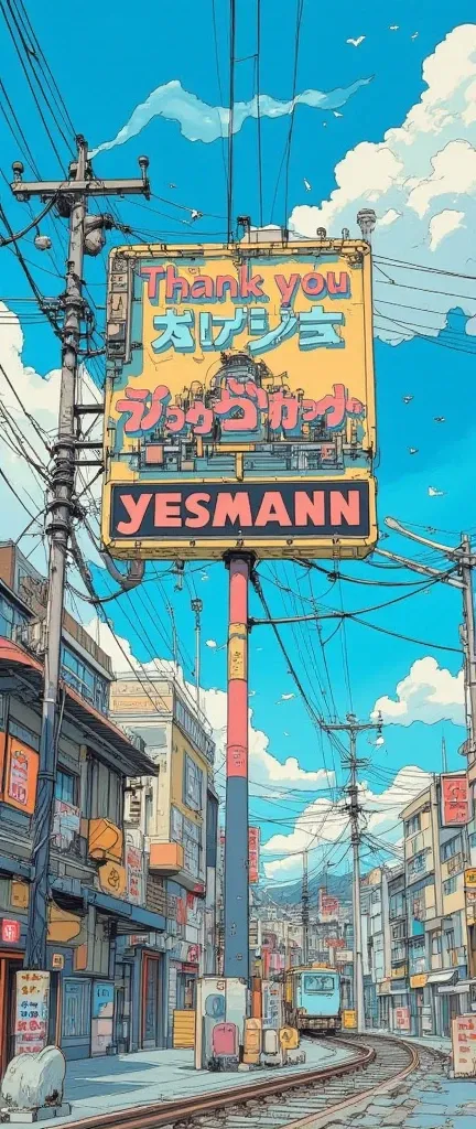 "Thank you Yesmann"detailed headline sign, Japanese Castle,Ishigaki, Japanese style cyberpunk,mechanical,Piping,vapor,line,Railway,Tram,tackle,gear,soot,blue sky,cloud,Flock of birds,advertising signs line up,Talk to a dynamic microphone fixed to the ,movi...