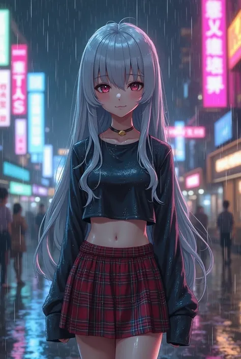 A stunning anime girl with long silver hair, standing in the rain at night in a neon-lit cyberpunk city, wearing a wet-look cropped long-sleeve shirt and a plaid mini-skirt, with water droplets on her skin. Cinematic lighting, ultra-detailed, moody atmosph...