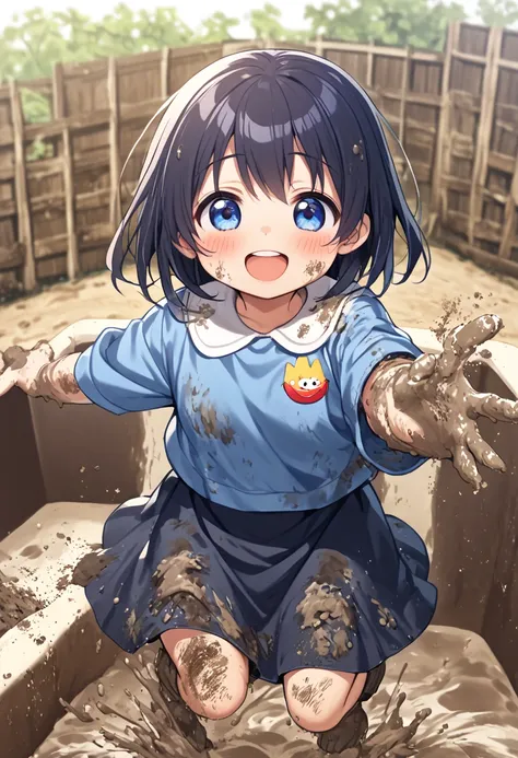 ５age, kindergarten mom clothes, blue smock,  dark blue skirt ,  cute,  Gold,  muddy, Sandbox, dirty,  dirty, Playing in the mud,  Energetic , fun,  best smile,  muddyの服, Muddy Smock, muddy smock, Mud adhering , best smudge, 