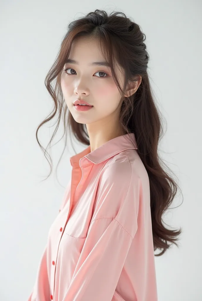  Survival SM Entertainment trainee ( The Next One ). Her name is Shin Yu-ri. The background for the photo shoot is white 、wears a pink soft silk shirt. 