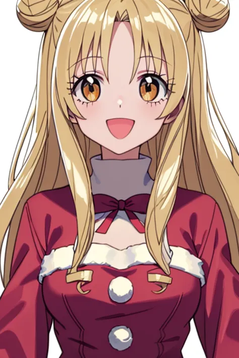 (exceptional, best aesthetic, new, newest, best quality, masterpiece, extremely detailed), masterpiece, santa costume, santa cloth, 1girl, solo, mitsuki_fullmoon, open_mouth, smile, looking_at_viewer,hair_bun, drill_hair, Christmas party