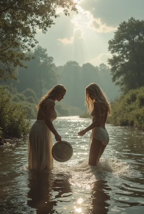 A cinematic shot of two Belgian women in light, wet clothes, with very long, sexy blond hair, in the lake. One bends over to fill a pan with water, and the other swims and runs. Realistic image with clearer details. Location: on the Dender river and near a...