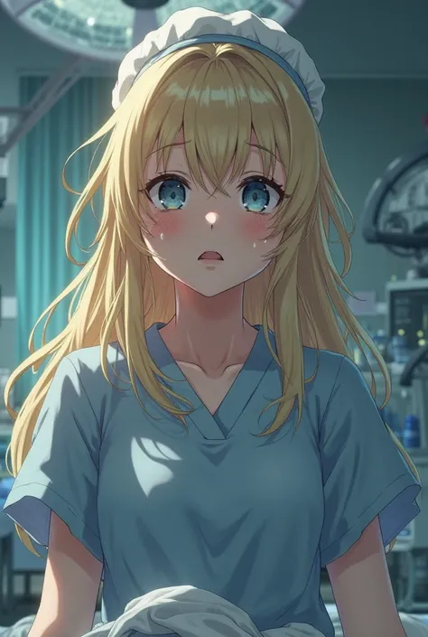  realistic anime blonde beauty crying in front of me in bed . I have a body wearing a white cloth hat.Hospital operating room background 