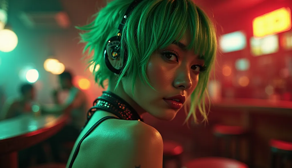 a far shot of a right angle face shot of a tanned half korean with green cyberpunk short edgy hair from the bahamas, she is tanned from the bahamas with yellow eye pupils, some holding glasses and wearing masquerade masks,  she is sitting in a smokey bar ,...