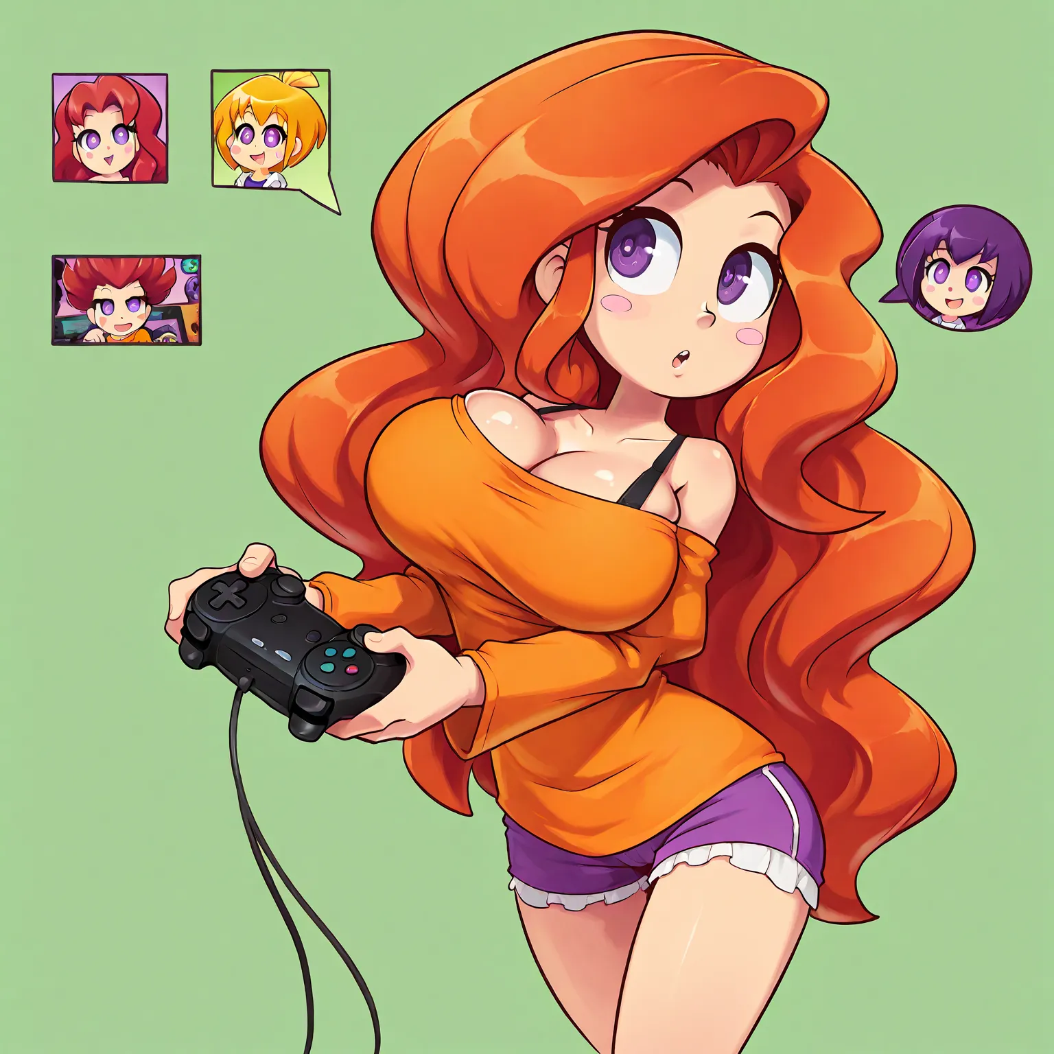 chica, Caucasian,  thin,  purple eyes, rough and sexy look , big breasts, long wavy hair, Dark redhead. orange shirt and video game controller. Crear stickers. green background.