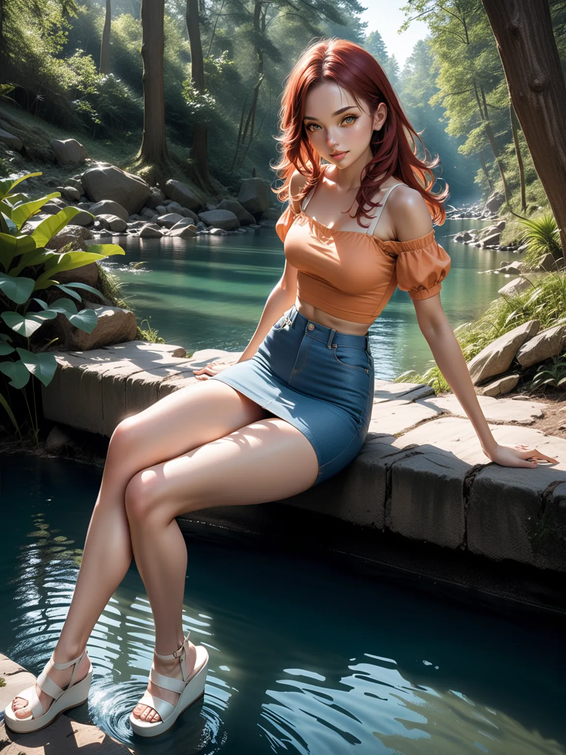 smiling  girl, sitting on marble seat, modern style seat,  natural forest and canal on background , BREAK, {(reddish-brown hair, long wavy hair)}, BREAK, {((light peach-orange fur off-shoulder, short puff sleeves),  (light denim pencil mini skirt), white s...