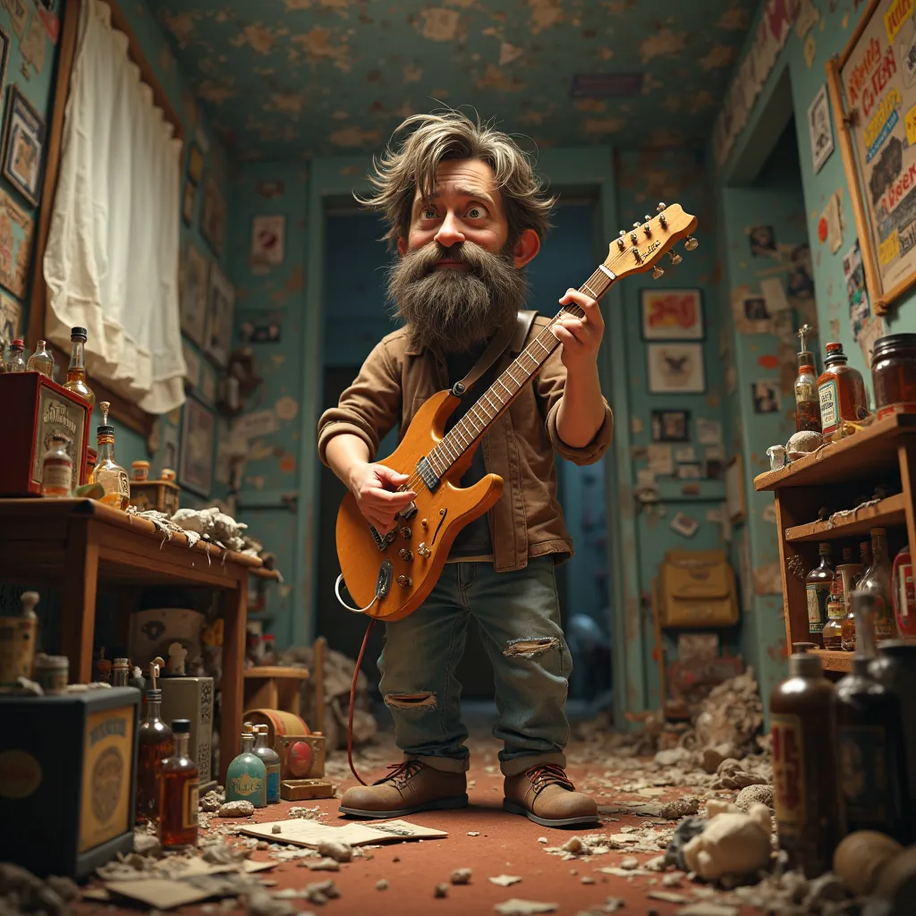 An alcoholic with stubble on his beard wearing a shirt with a guitar in his hand, The apartment is a mess , Pixar style