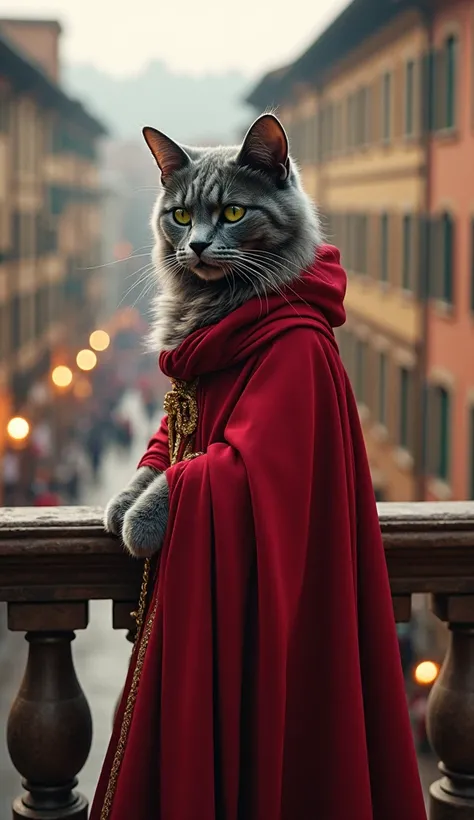 A gray cat with piercing green eyes wearing a red Renaissance toga stands dignified on a Florence balcony against the backdrop of a city lit by street lights.