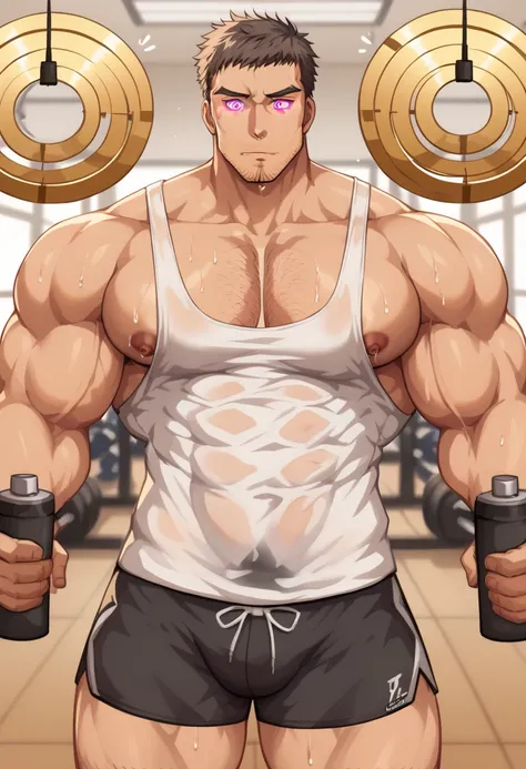 Ryotaro Dojima alone in the gym, staring at golden pendulum, stringer tanktop, gym shorts, muscular, muscles, big biceps, broad shoulders, massive pecs, sweaty, hairy chest, glowing golden spiral in the eyes, blank expression, vacant stare, hypnotized, bra...