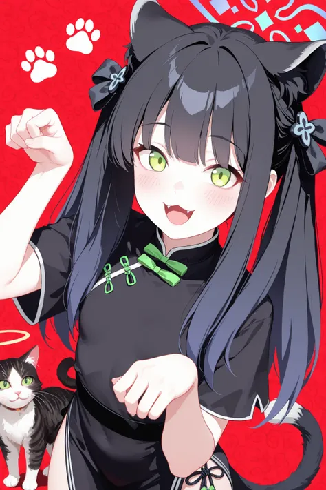 masterpiece, best quality, amazing quality, very aesthetic, 1girl, shun_(blue_archive), animal_ears, paw_pose, green_eyes, cat, black_hair, dress, twintails, short_sleeves, tail, chinese_clothes, halo, looking_at_viewer, long_hair, smile, animal_ear_fluff,...