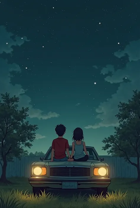 Not too colorful, a boy and a girl sitting on a car parked in a yard night time 