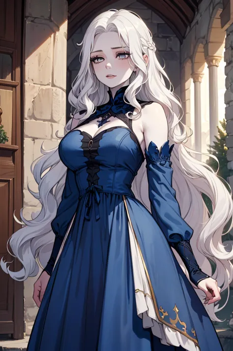 A (((beautiful and youthful woman))) with flowing (((long wavy white hair))), (((dark eyes))), and (((pale skin))), adorning her countenance, dressed in a (((form fitting medieval blue dress))), that exudes both elegance and ethereal. The entire scene is i...