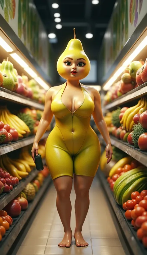 (best quality, 128k,highres,masterpiece:1.2),ultra-detailed,(realistic,photorealistic,photo-realistic:1.37), ((masterpiece)) ((photography)) ((Highest quality)) A humorous and playful 3D illustration of **Madame Pear**, a curvaceous, anthropomorphic pear w...