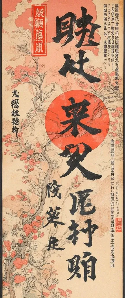 (masterpiece,TOP QUALITY,very detailed, 8k Wallpaper),抽象的な色のついた Chinese characters,Red and Black, vibrant, sharp, straight ,old dirty paper , Japanese ink painting ,  small vertical text,Old document cover,日本語の Chinese charactersの同義語,日本語の Chinese character...