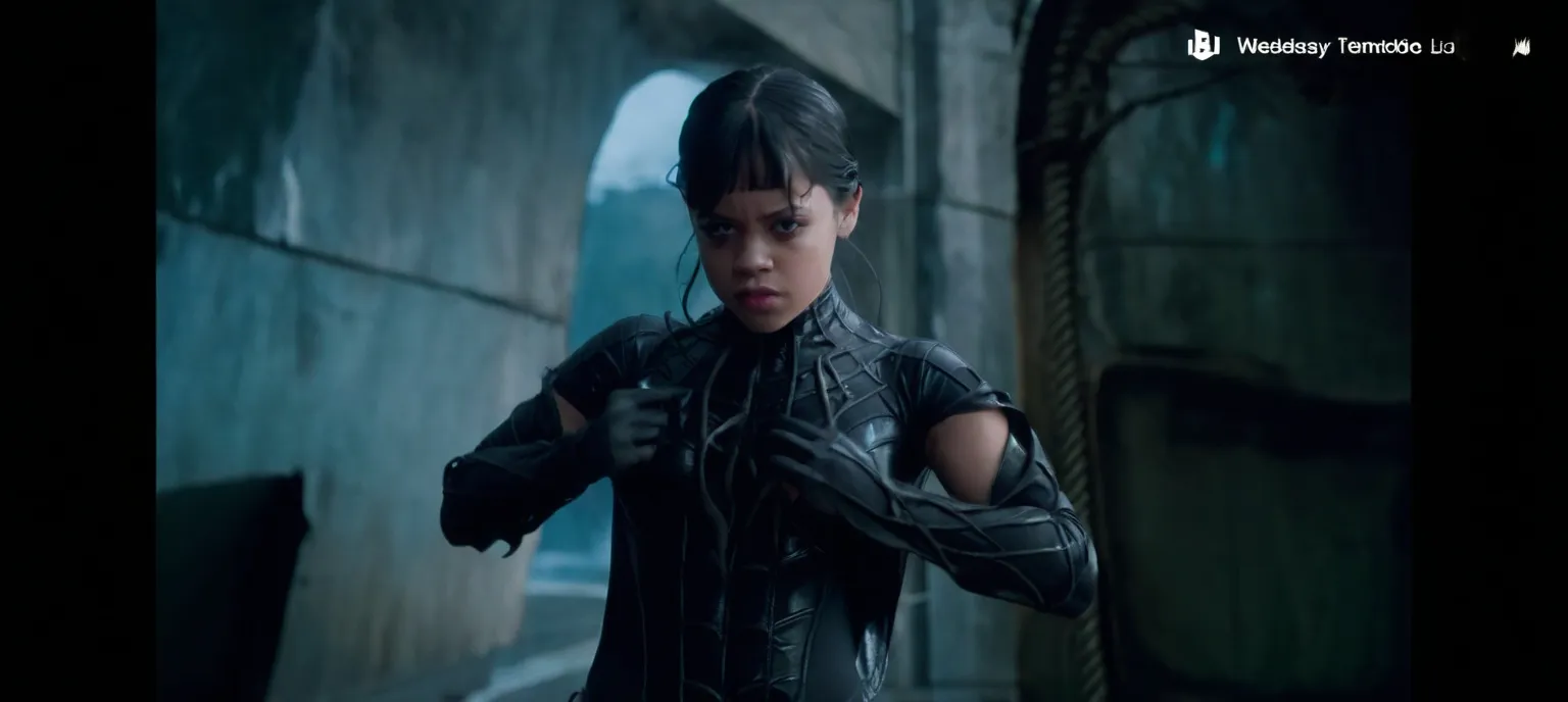 Jenna ortega/wednesday angry rage ripping the black liquid latex symbiote slime , female , black hair , long hair, 1girl, symbiote tendrils, realistic style, slim body shape, sexy female body, woman sexy, bell tower background , 