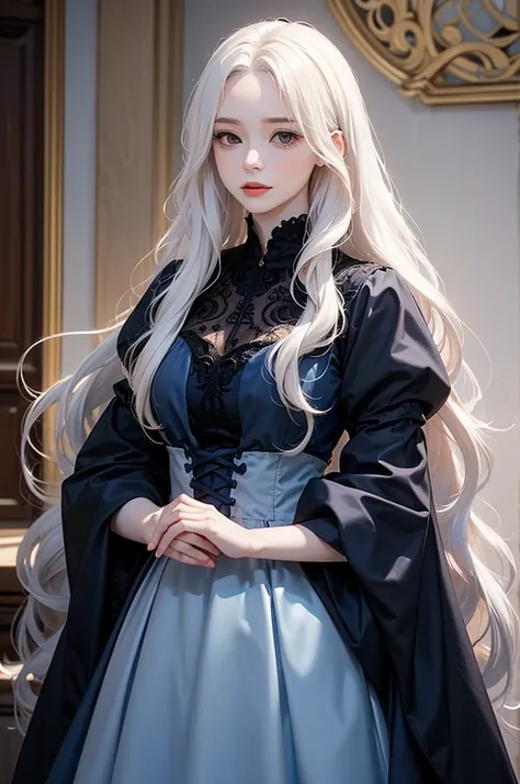 A (((beautiful and youthful woman))) with flowing (((long wavy white hair))), (((black eyes))), and (((pale skin))), adorning her countenance, dressed in a (((form fitting medieval blue dress))), that exudes both elegance and ethereal. The entire scene is ...