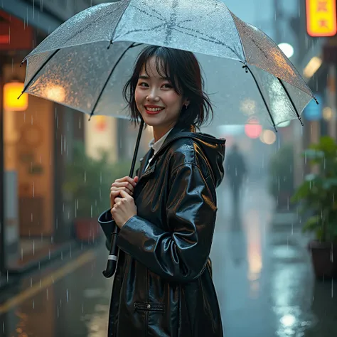 Photorealistic full-body portrait of a fabulous, film grain, TOP QUALITY, Ultra High Definition, Japanese woman, 25years old, Height: 165 cm, slim, big smile,there is a woman holding an umbrella , It's raining portrait, Wet Look, Shiny from the rain, kiko ...