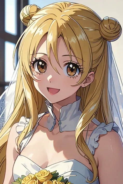 exceptional, best aesthetic, new, newest, best quality, masterpiece, extremely detailed), masterpiece, wedding_dress, bride, 1girl, solo, mitsuki_fullmoon, open_mouth, smile, looking_at_viewer,hair_bun, drill_hair, wedding hall