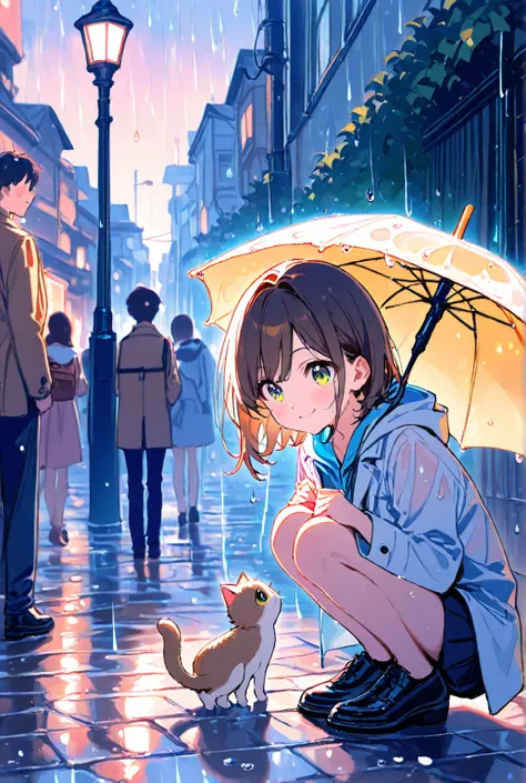 A heartwarming anime-style illustration。The young man is holding an umbrella for the little wet kitten。The stage is a quiet rainy town at dusk。A street lamp that shines softly in the background。Young people wear warm coats、A kitten smiling gently。The kitte...