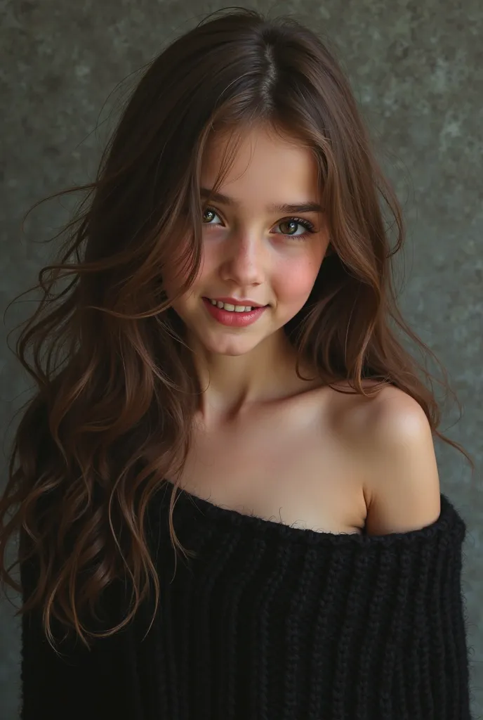 Twelve year old girl,  brown hair  , wear a black knitted sweater with bare shoulders and chest, His face reflects mischief  ,  image, has Big saggy 