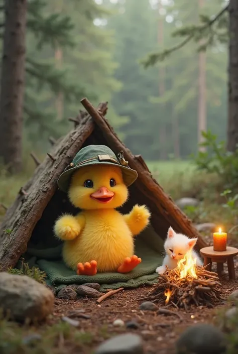 A cute, fluffy yellow duckling wearing an explorer’s green hat sits inside a small wooden shelter in a cozy forest setting. The duckling has a cheerful expression, waving happily. Beside it, a small white kitten snuggles under a warm green blanket. A tiny ...