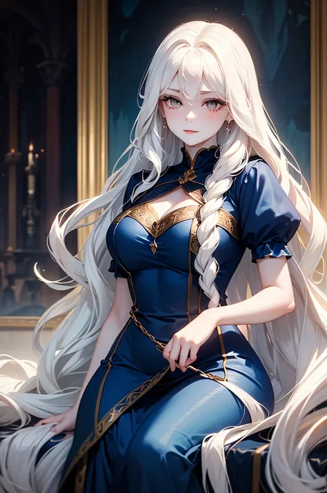 A (((beautiful and youthful woman))) with flowing (((long wavy white hair))), (((dark eyes))), and (((pale skin))), adorning her countenance, dressed in a (((form fitting medieval blue dress))), that exudes both elegance and ethereal. The entire scene is i...