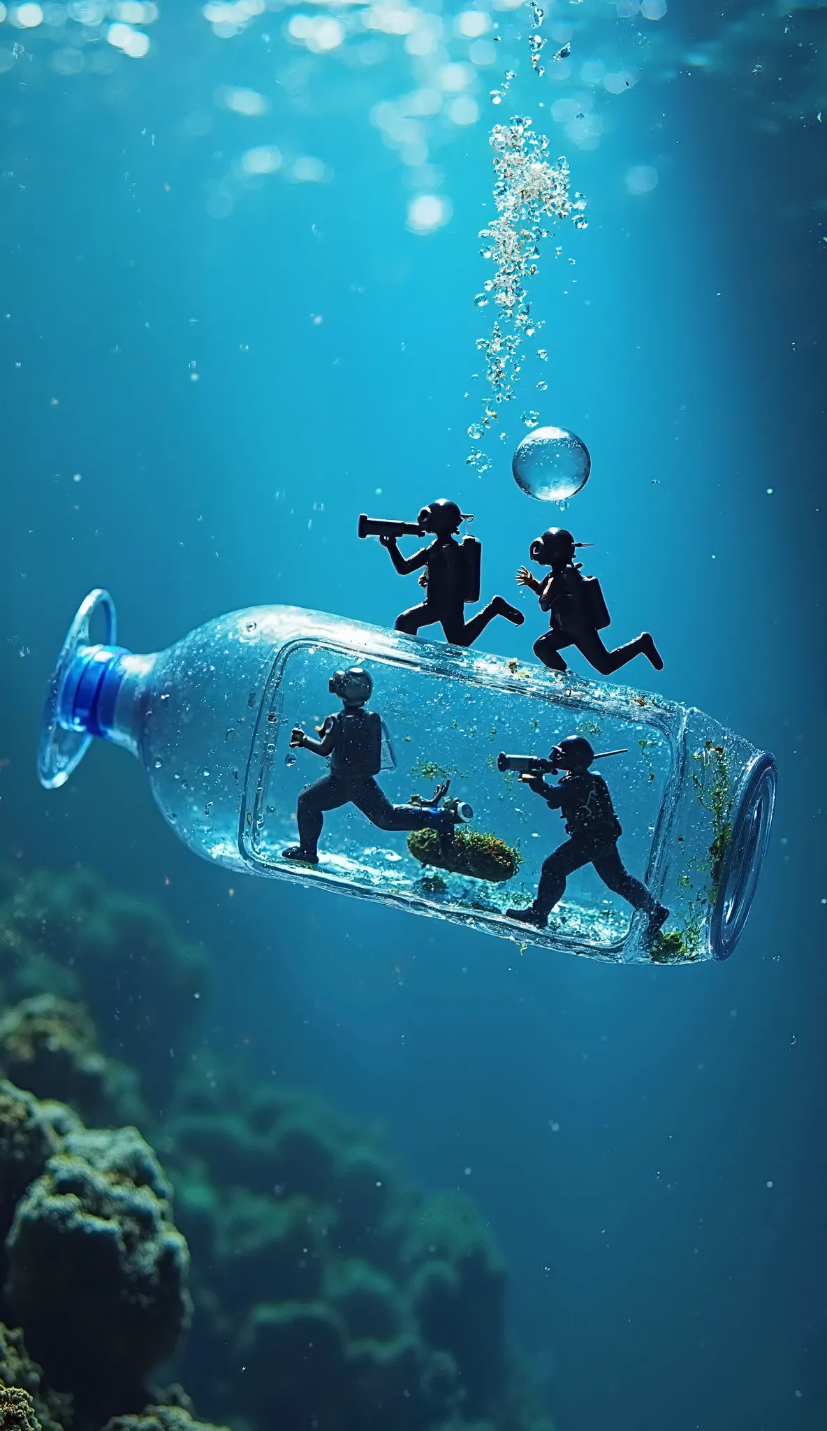 Water Bottle Submarine Adventure – A clear plastic water bottle has been transformed into a submarine. Tiny divers are exploring the "ocean" inside, one is looking through the bottle cap like a periscope, and another is riding a bubble. The scene is deep b...