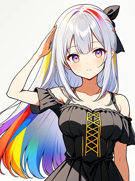 1girl, solo,
bangs, blunt bangs, long hair, straight hair,
silver hair, rainbow hair, multicolored hair,
off shoulder dress,
black dress,
anime style, no background, white background, 


saluting, upper body, front view, serious expression, intense gaze, e...