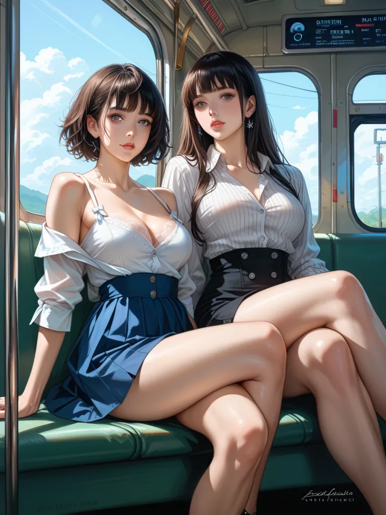 A hyper-realistic, high-resolution, high-detailed, BEST quality illustration set inside a train. A 23-year-old brunette in a sexy seated pose on a train, legs crossed, wearing a short blue skirt, white striped shirt unbuttoned to reveal black lace lingerie...