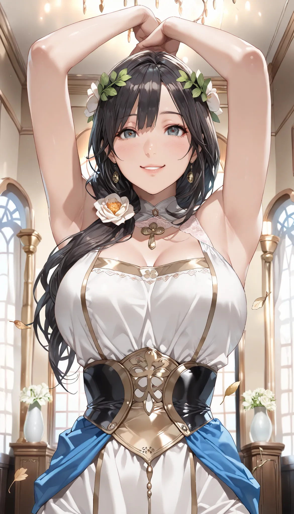 beautiful mature woman wearing shrine maiden costume, long flowing black hair decorated with flower crowns, DYNAMIC UPPER BODY POSE, ( detailed face and eyes :1.5), medium bust above infecti,  happy expression in a high room, Old-fashioned illustration, bi...