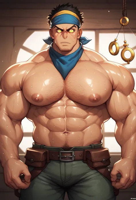 Hajime Tsukishima,m as a pirate henchman, staring at golden pendulum, bandana, cargo pants, muscular, muscles, big biceps, broad shoulders, massive pecs, sweaty, hairy chest, glowing golden spiral in the eyes, blank expression, vacant stare, hypnotized, br...