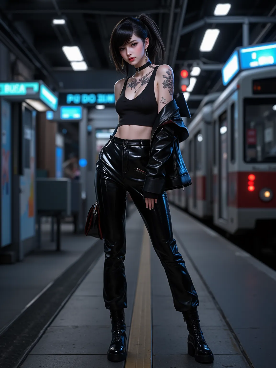 A cool girl，Side view，lens from top to bottom， Dark Hair，short ponytail，slim shoulder short tank top， black leather jacket ，black leather pants，black leather bag， black leather boots ， Thin ， big boobs 1 .2，Tattoos 1.5，Neon 1.2，background of train station ...