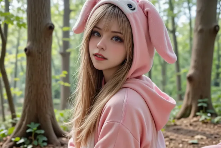 25yo female model in a pink rabbit kigurumi costume with velvet details. She is on all fours looking over her shoulder at her huge. 8k Octane, Looking at the viewer, kneeling in a forest. She has pink hypnotic eyes and blonde hair.  highest quality, ((  ma...