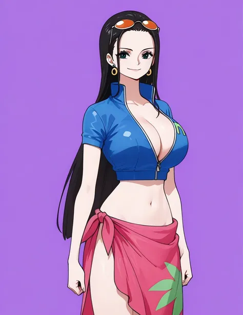 n1corobin, 1girl, solo, Long Straight Hair, Big Breasts, simple purple background
t1meskip-outfit, eyewear on head, midriff,  cleavage, partially unzipped, cropped jacket, sarong, short sleeves, earrings, 
standing, looking at viewer, thighs, smile,