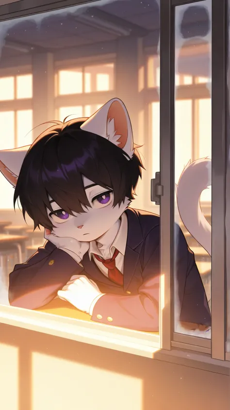 Narrower smaller head, solo, furry, male, young, white fur cat, purple eyes, black short hair, thick bangs, cold eyes, big dull pupils, cool, handsome, school uniform, afternoon classroom, stand by the window, Tyndall light