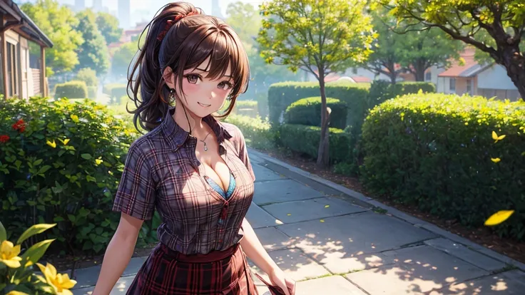 1girl, spring, trees, house, fantasy landscape, flowers, butterfly, brown curly hair, ponytail, large full breasts, brown eyes, ((blue checked shirt)), ((unbuttoned shirt)), ((short sleeved shirt)), unbuttoning buttons, ((cleavage)), ((black and red patter...