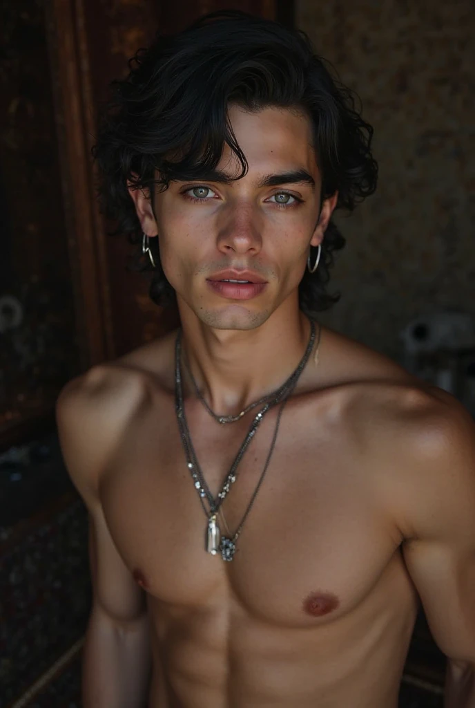 Young man in his 20s, jet black medium hair, ligth gray eyes, seductive smile, silver earings, silver necklace, silver rings, seductive eyes, seductive expression. 
Medieval, mediaval fantasy, fantay, elegant, realistic, femenin, soft features, smoot chin,...