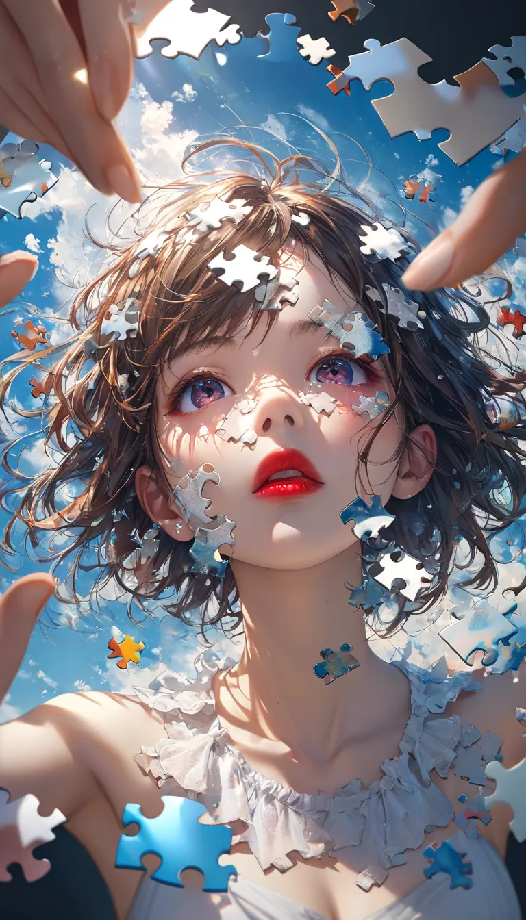 Absurd high quality, cute Japanese girl like an idol with many explosive jigsaw puzzle macros shot in high resolution double exposure, many jigsaw puzzle pieces in one piece of art, crumbling face pieces, detail, top angle shot, professional postcard, red ...