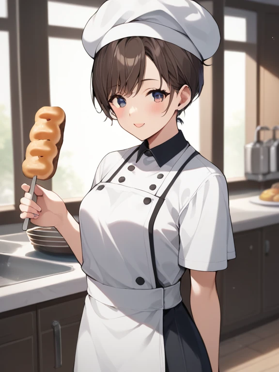  score_9,  score_8_  up the side ,  score_7_  up the side ,  score_6_  up the side ,  score_5_  up the side ,  score_4_  up the side ,  source_Anime, tag1,  tag2, nsfw，  uncensored， Standing in Front of a Kitchen with Extensive Pastry Utensils 、Cute and ch...