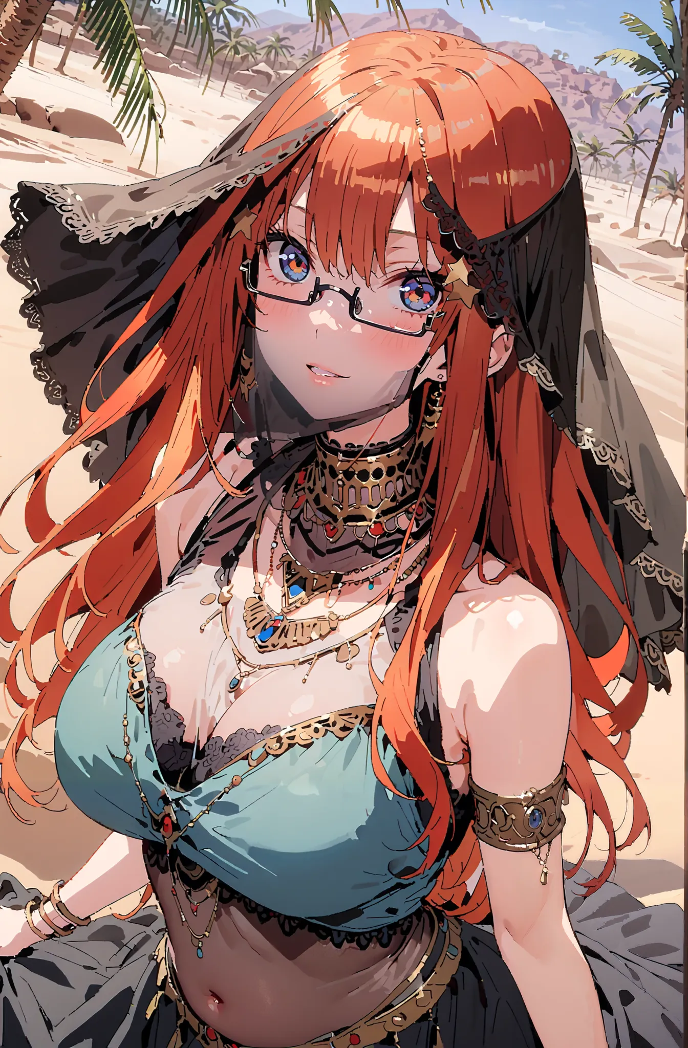 Nakano Mizuki ,  long hair,  blue eyes, hair ornaments close to the garden,  red hair, star (  symbol ), semi-rimless eyewear,  underrim glasses , star hair ornaments close to the garden, Big Breasts, Chest Valley,Arabian clothing,  dancer , mouth Veil, be...