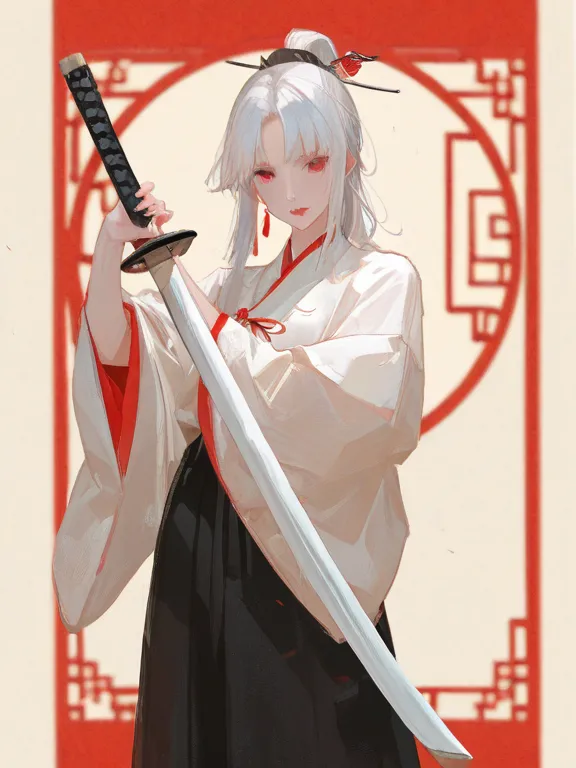 White-haired Chinese woman holding a sword 