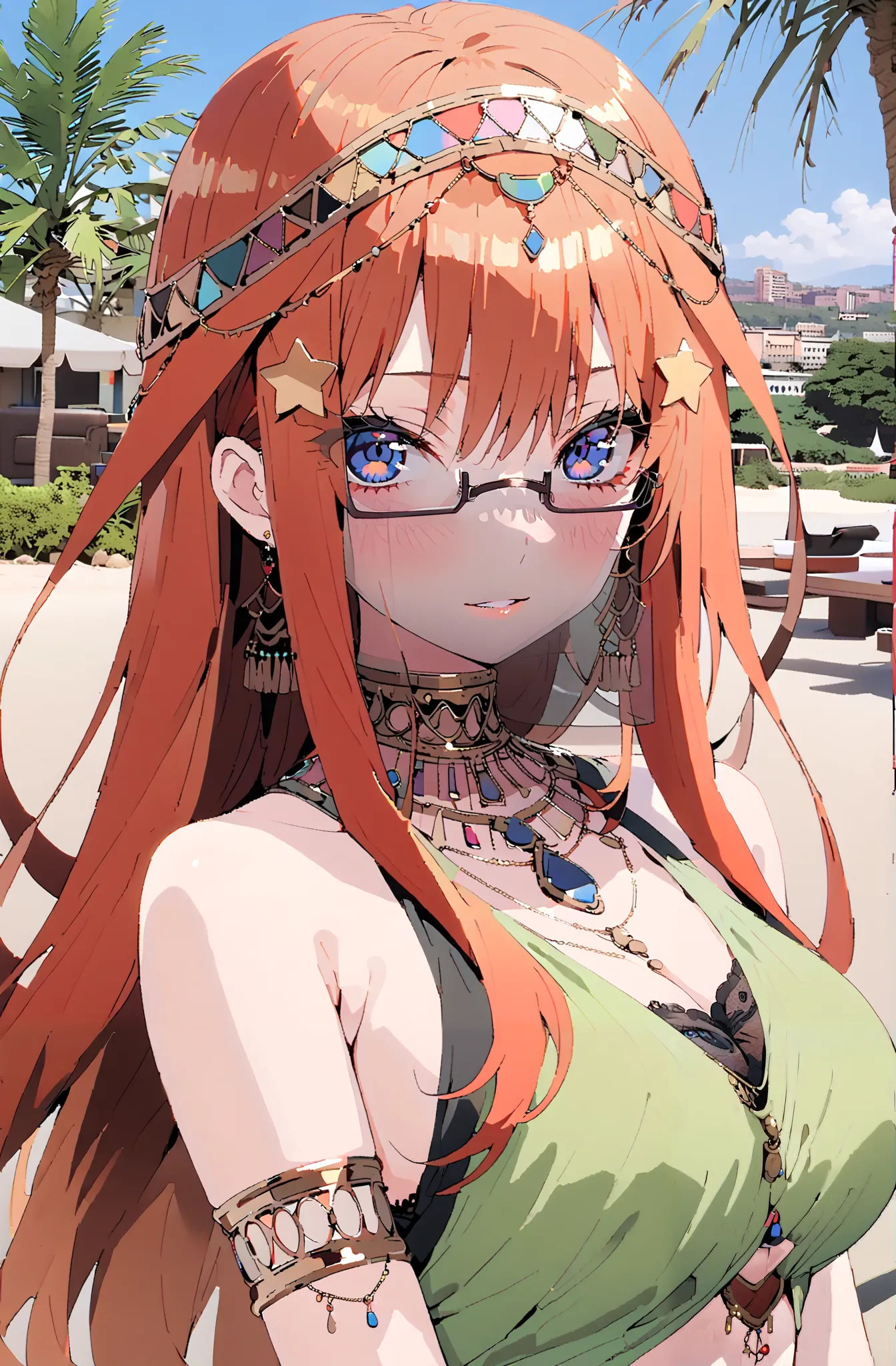 Nakano Mizuki ,  long hair,  blue eyes, hair ornaments close to the garden,  red hair, star (  symbol ), semi-rimless eyewear,  underrim glasses , star hair ornaments close to the garden, Big Breasts, Chest Valley,Arabian clothing,  dancer , mouth Veil, be...