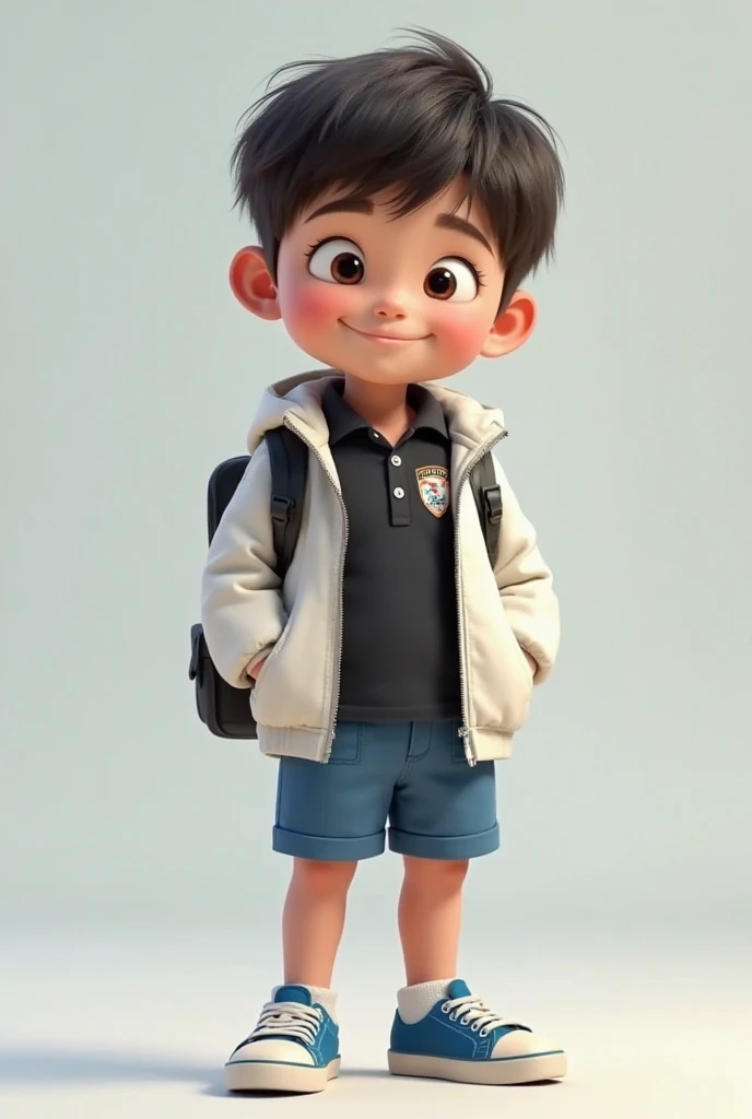 Short haired  boy with a white jacket a slightly chubby build with a backpack closed on the back, with a black polo shirt with his zony pattern on the chest and blue shorts with blue and white Pixar style sneakers