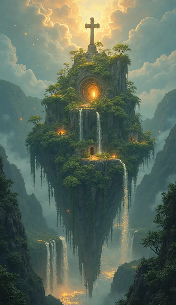 Towering islands of lush greenery and crystalline waterfalls hover in midair, connected by delicate bridges of glowing vines. A majestic cross, carved from radiant stone, stands atop the highest peak, bathed in golden light. Soft, bioluminescent petals dri...